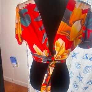 Floral Wrap Top - Red and Yellow